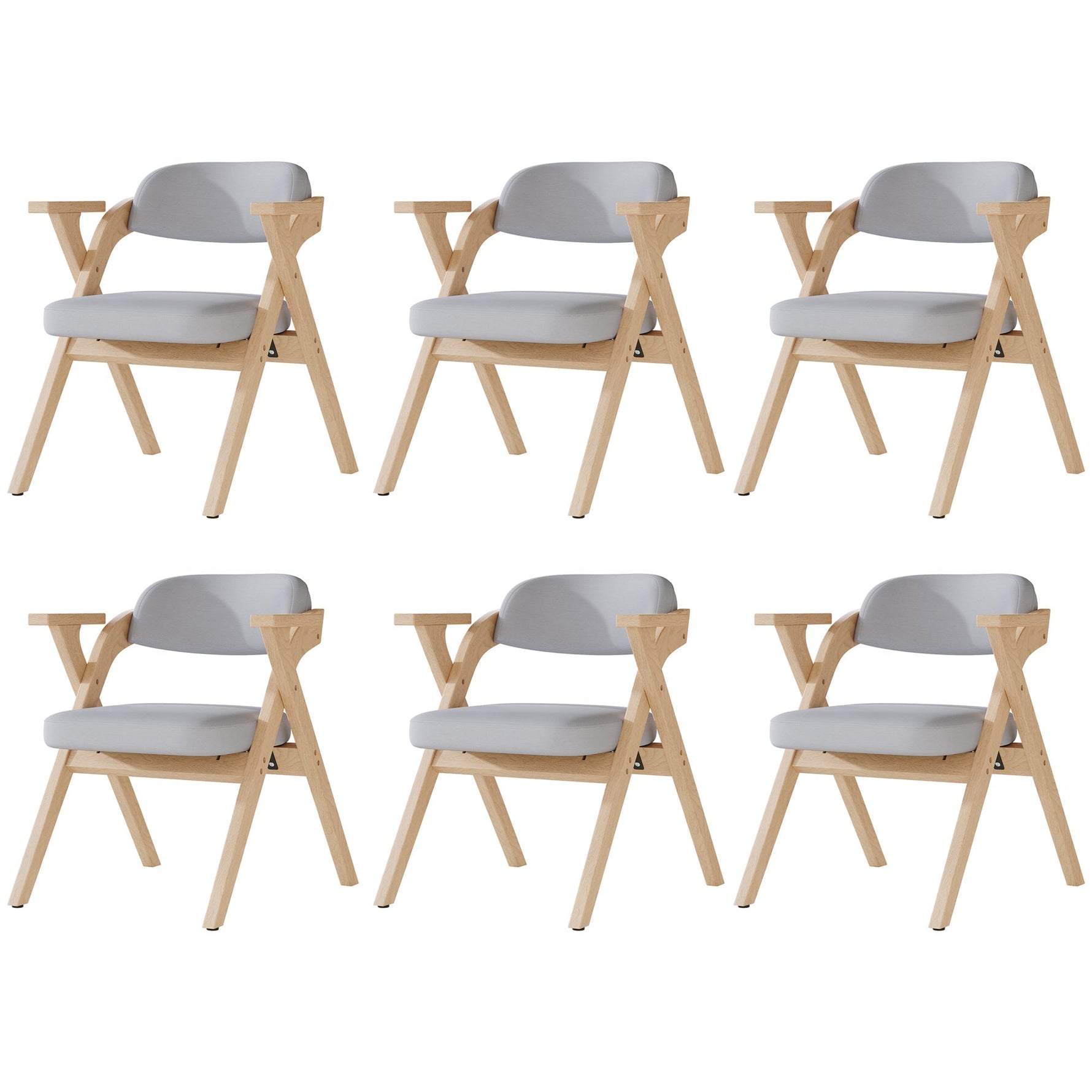 Set of 6 Folding Dining Chairs, Solid Wood and Breathable, Grey Linen