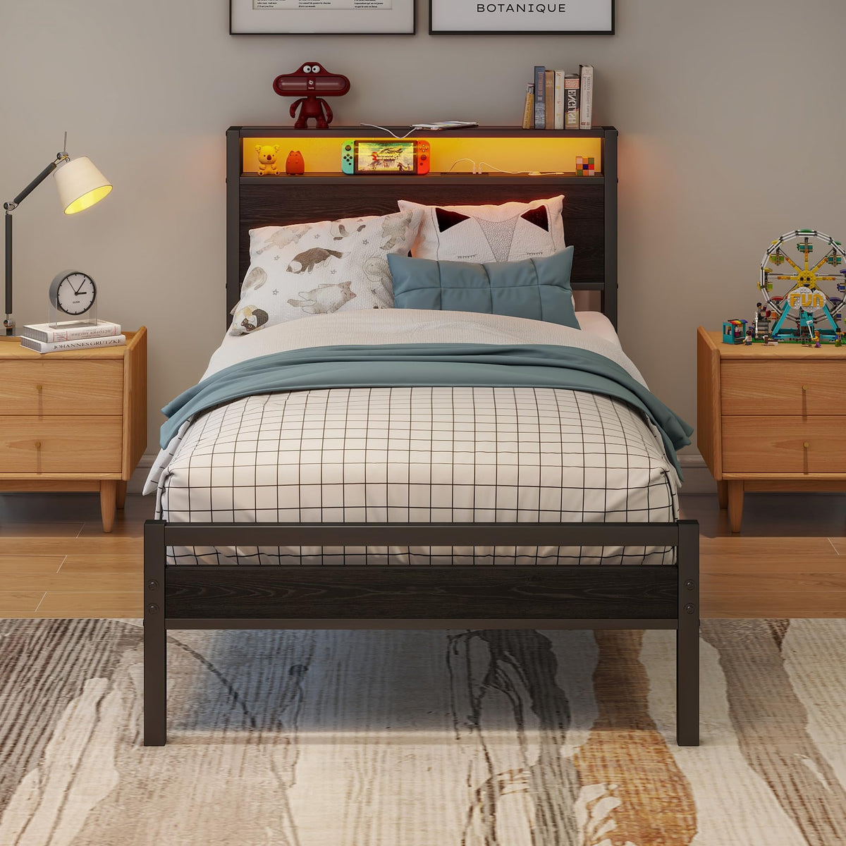 Storage Bed 90x200cm with USB & LED Lighting, Metal Frame