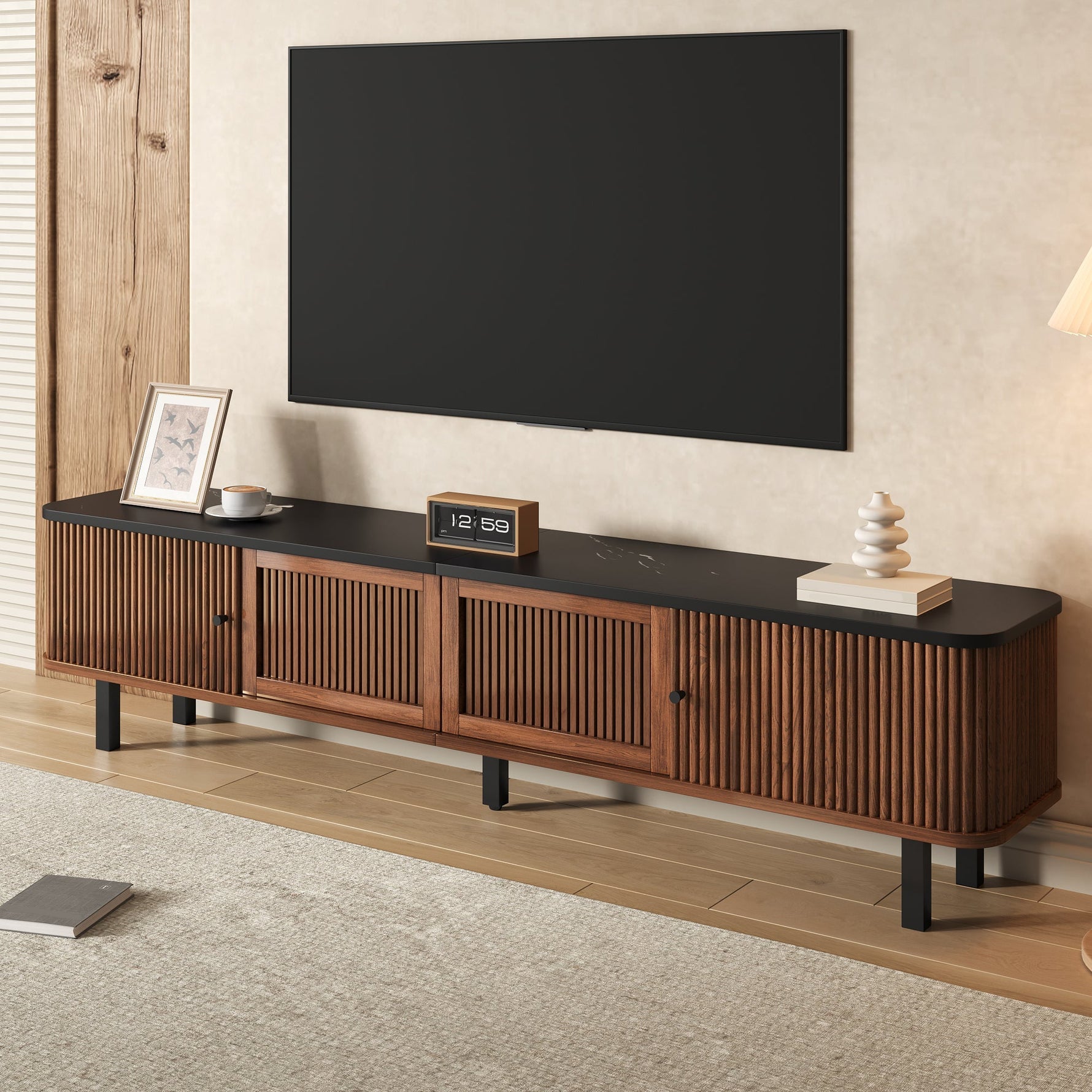 Modern Low TV Cabinet 190cm with Sliding & Mesh Doors