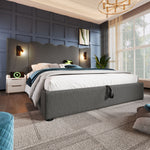 Upholstered Double Bed, 160×200, Reading Lamp, USB Type-C, Storage, Solid Wood & Metal, Grey Linen