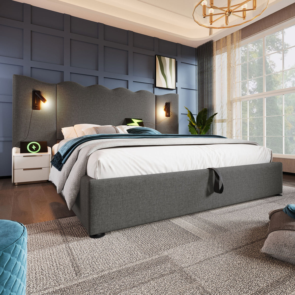 Upholstered Double Bed, 160×200, Reading Lamp, USB Type-C, Storage, Solid Wood & Metal, Grey Linen