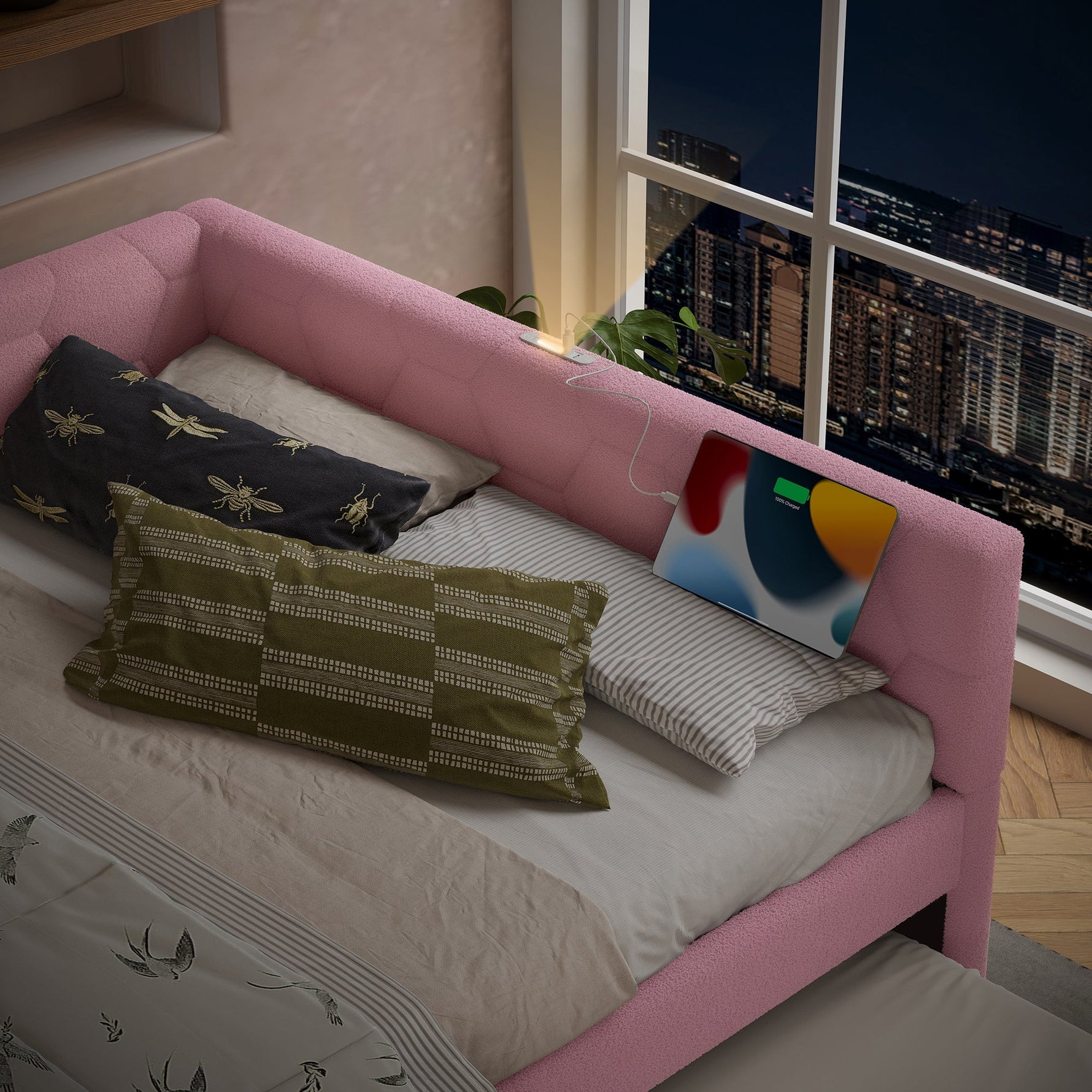 Daybed 140x200cm Sofa Bed Pull-Out Bed Lamp USB/Type-C - Faux Fleece Pink