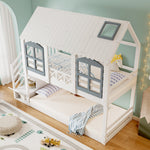 Bunk Bed with Roof & Window, Safety Gate & 3 Stair Lockers, 90x200cm Pine+MDF White+Grey