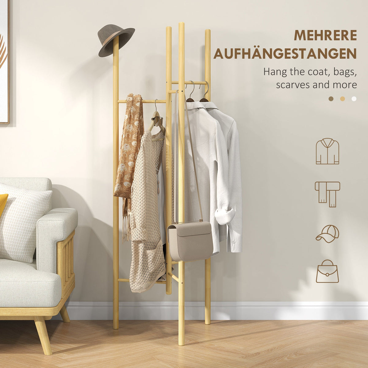Coat Rack, 6 Hanging Rods, Solid Wood, Natural