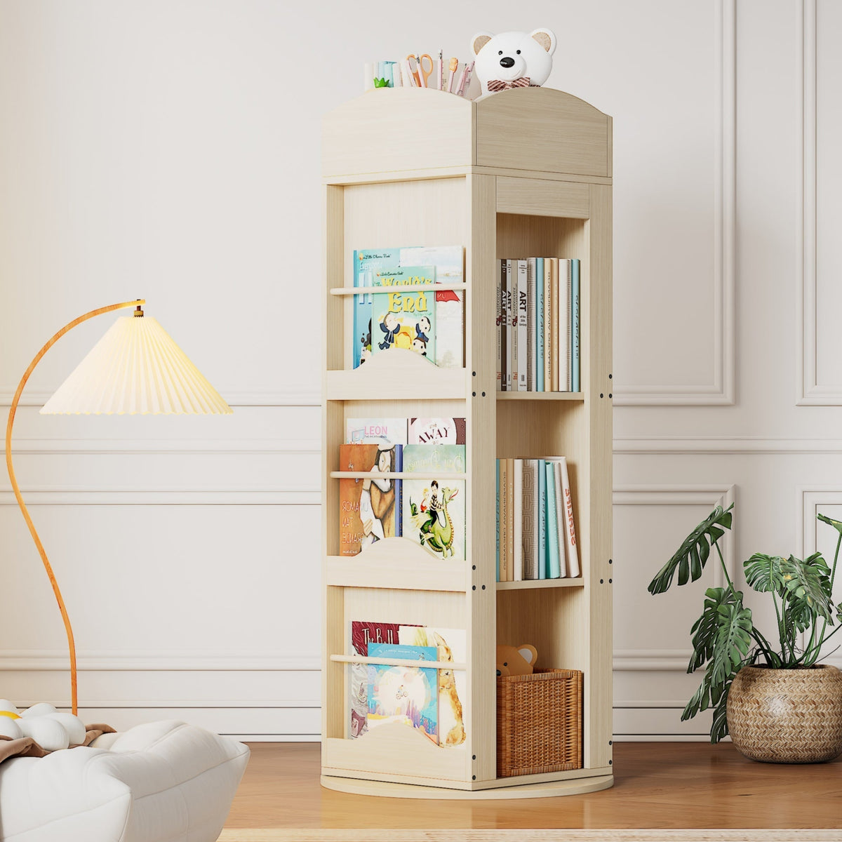 Rotating Bookshelf with 360-Degree Rotation and 4 Shelves, Wood