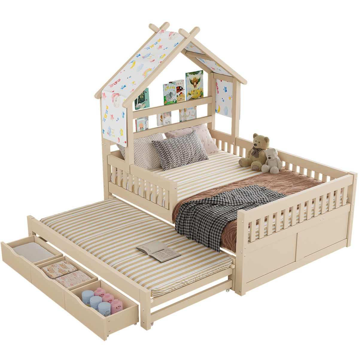 Wooden House Bed with Pull-out Bed, 3 Drawers and Safety Rails, 140x200cm, Cream
