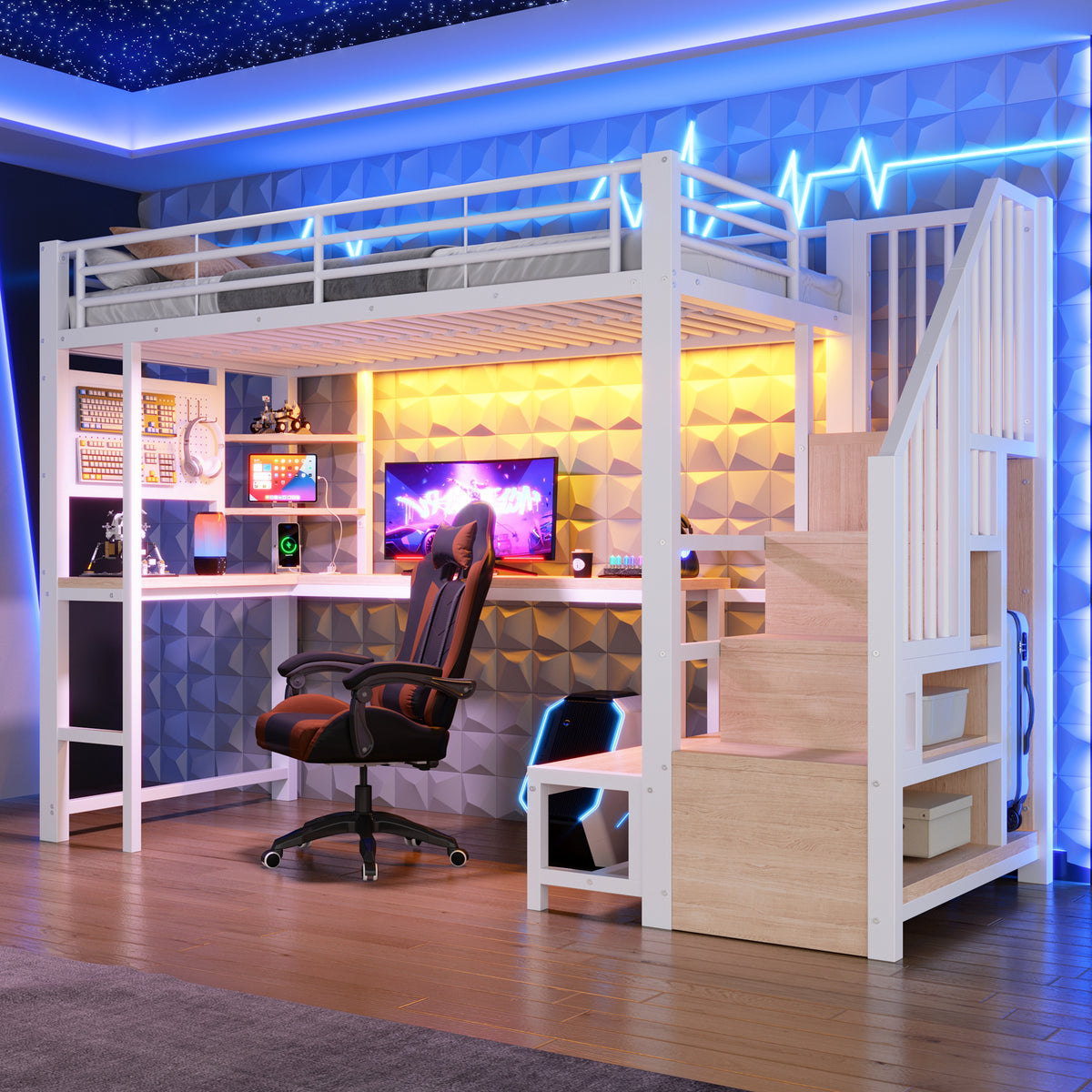 Loft Bed 90x200cm with Desk, LED Lighting & Storage - White