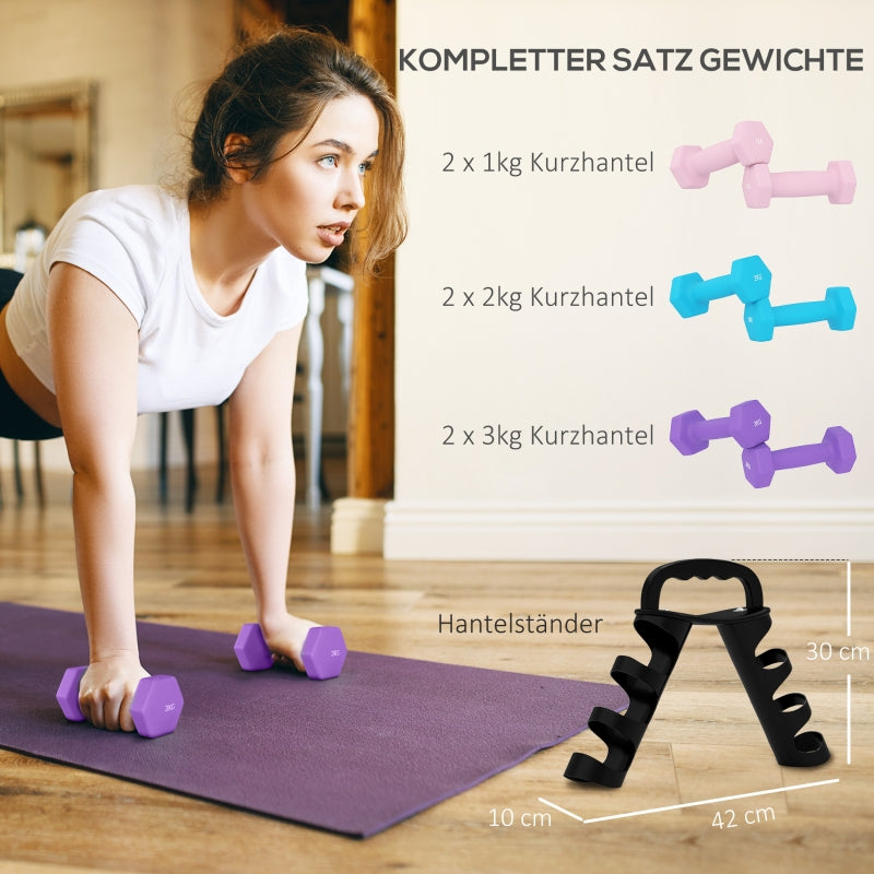 Dumbbell Set with Storage Rack, 6 Weights for Fitness Training (2x1kg, 2x2kg, 2x3kg)