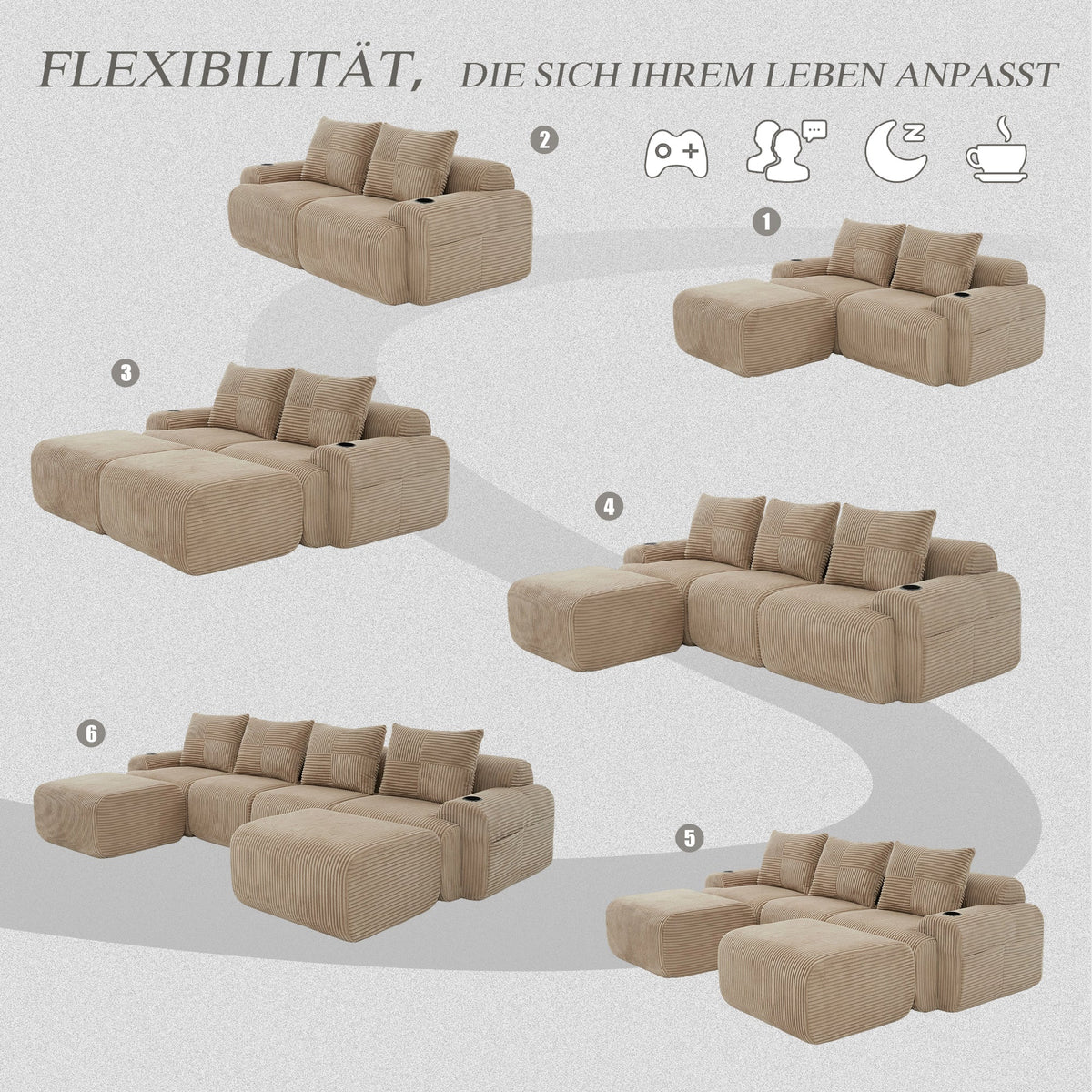Modular Corduroy Sofa 4-Seater with 2 Ottomans Cup Holders Storage Pocket Khaki