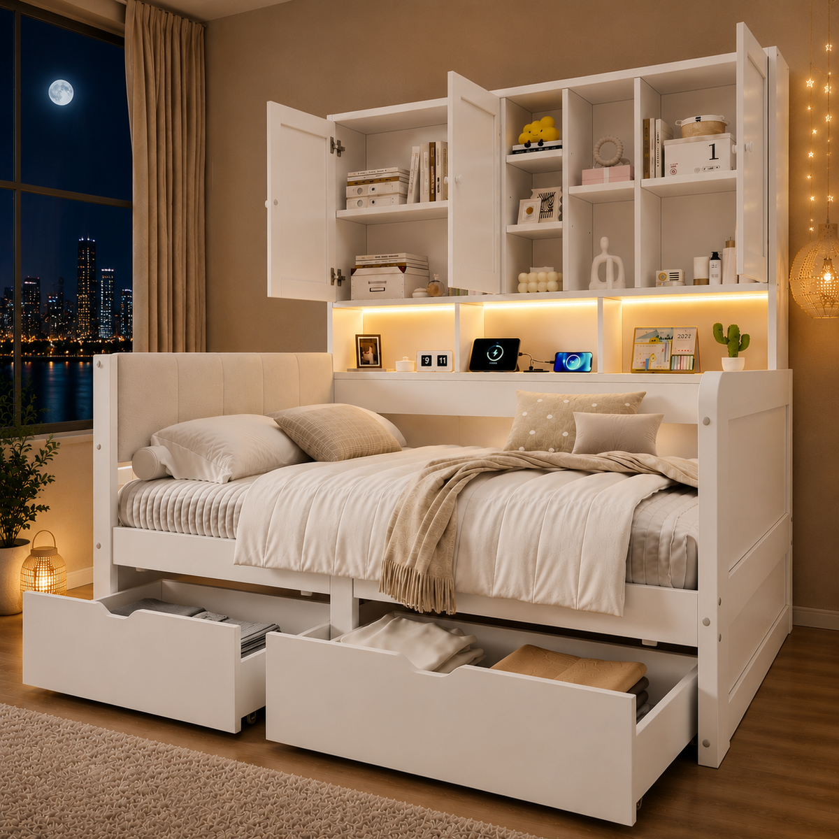 Children's Storage Daybed 90x200cm with LED & USB Ports in White