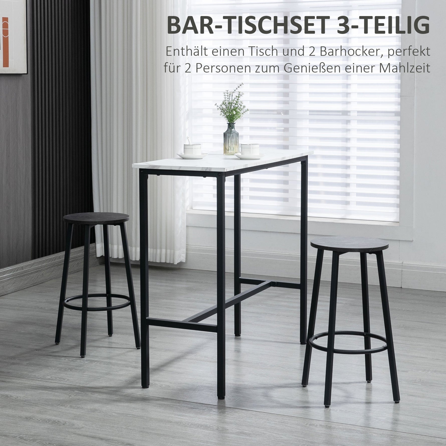 Bar Table & Bar Stool Set, 3-Piece Dining, Steel Black/White
