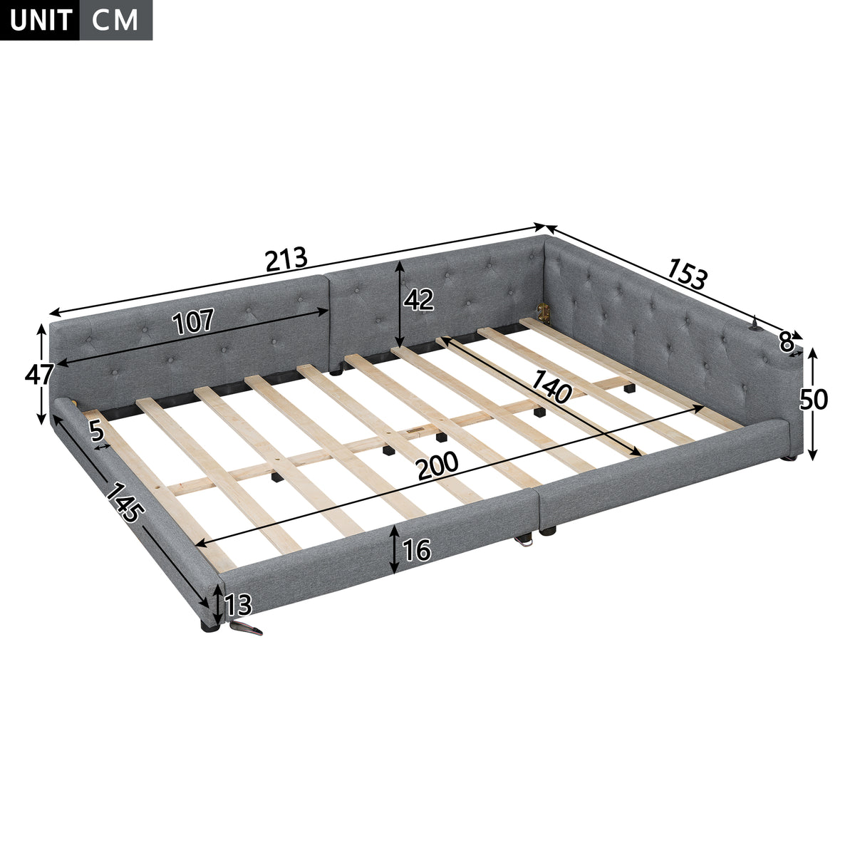 Sofa Daybed 140x200cm with LED Light & USB, Grey Linen