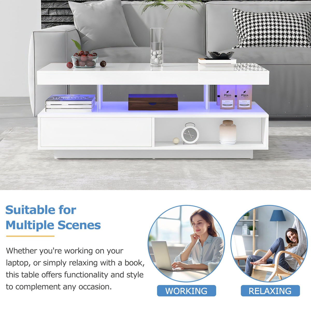 Coffee Table 95x50x42.5 cm with 4 Glass Tops, 2 Drawers, 2 Open Compartments, White High-Gloss