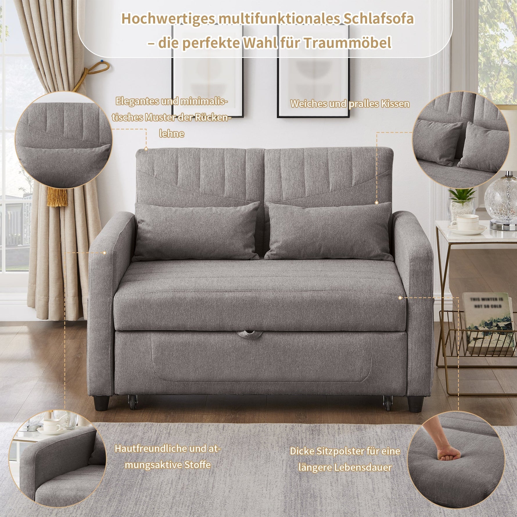 Two-Seater Sofa Bed with Adjustable Backrest and Pull-Out Design, Cotton-Linen Fabric
