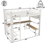 Loft Bed 140x200cm with LED, Storage Stairs & Grid, White Metal