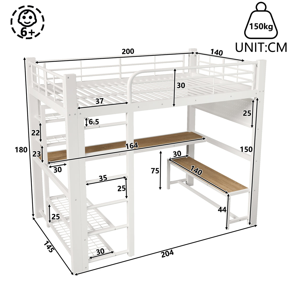 Loft Bed 140x200cm with LED, Storage Stairs & Grid, White Metal