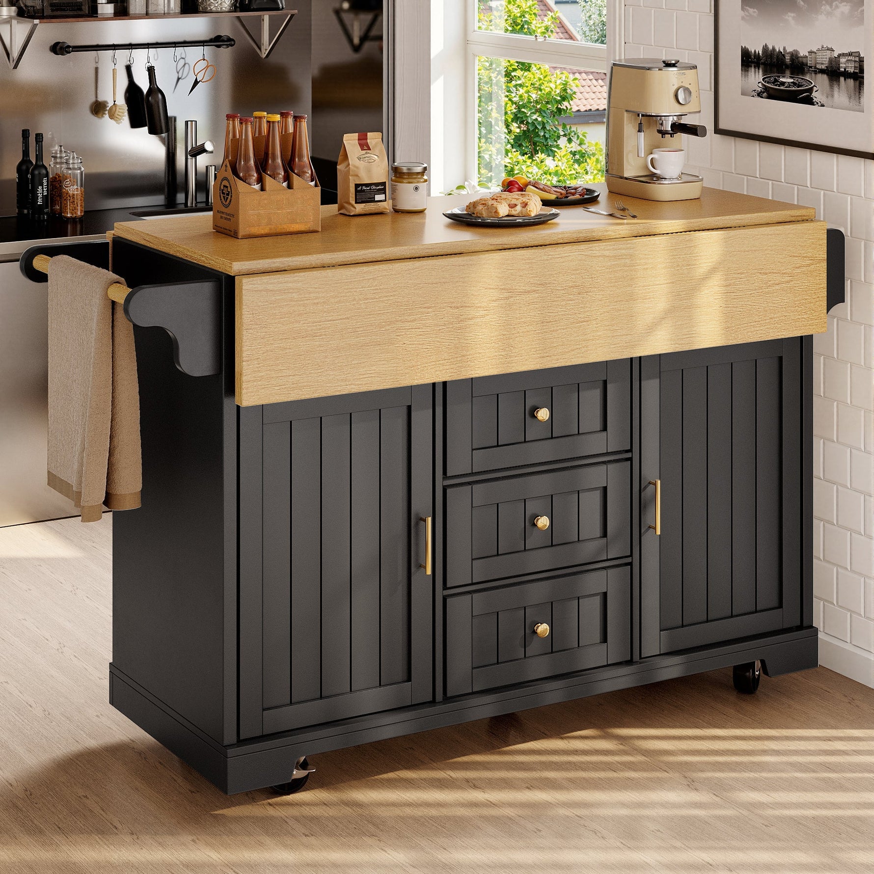 Kitchen Island Sideboard 120cm Extendable Trolley Towel Rail Spice Rack 2 Doors 3 Drawers Black/White