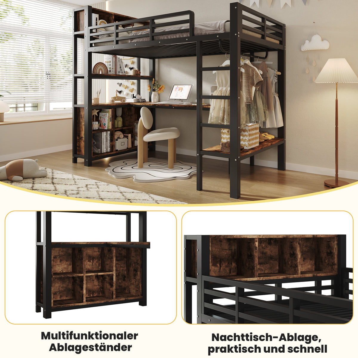 Loft Bed 90x200 cm with Desk, Shelves & Clothes Rack, Black