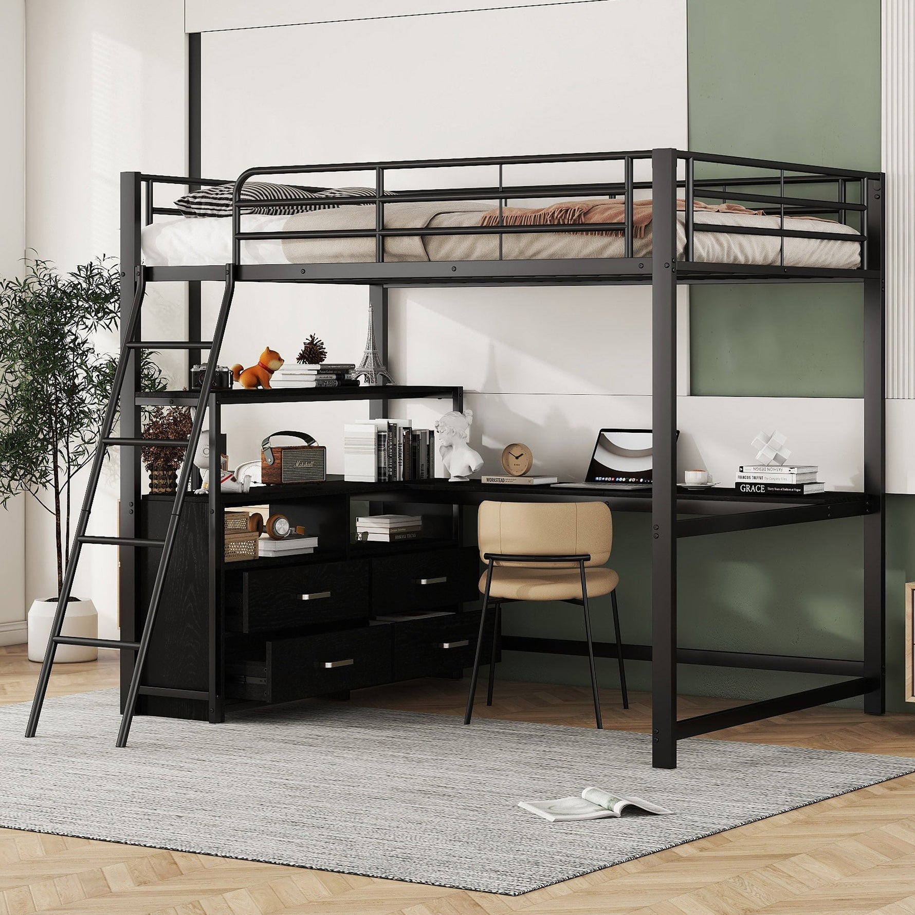 Loft Bed 140x200cm Iron Frame Drawers L-Shaped Desk - Black