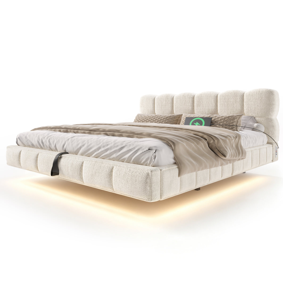 Upholstered Bed 140x190cm, Hydraulic Storage & LED, Beige Chenille