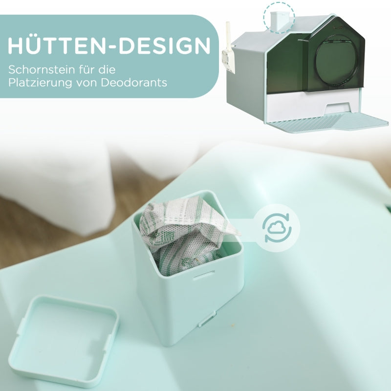 Cat Litter Box, Hut Design with Sifter Mat & Scoop, Green