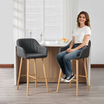 Modern European Bar Stools with High Backrest and Armrests, Set of 2, Beige Linen