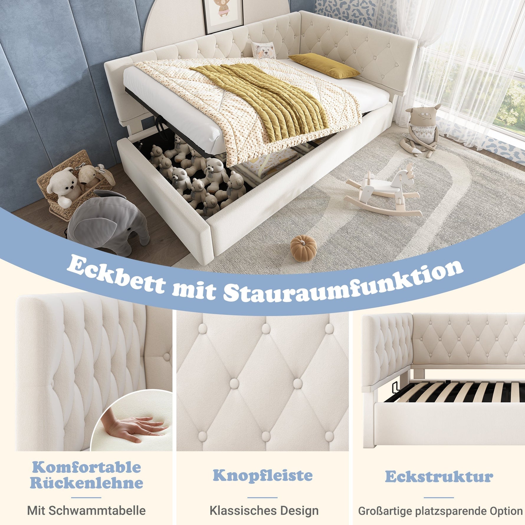 Upholstered Bed, Daybed 90x200cm with Hydraulic Storage, Wooden Slatted Frame, Beige Velvet