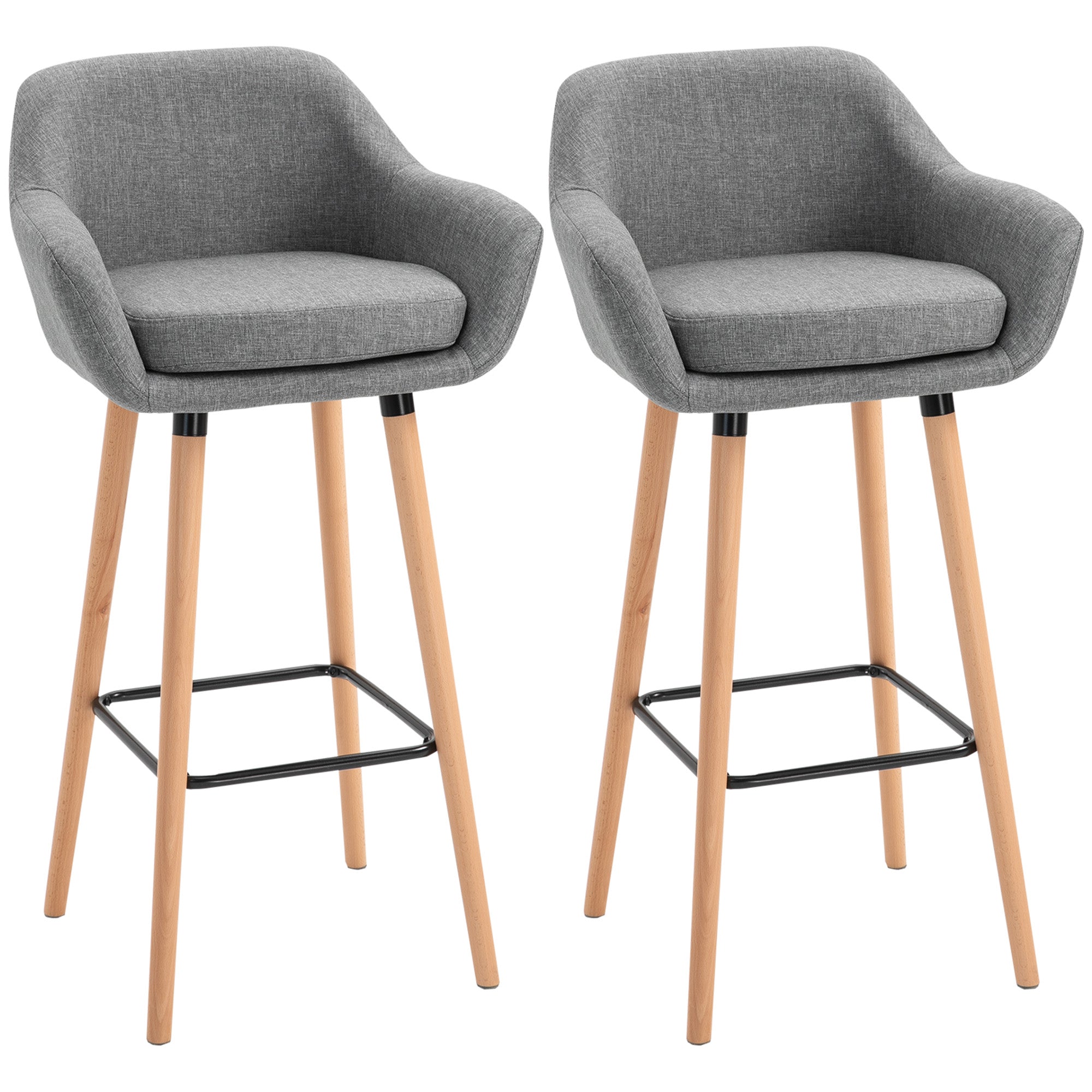 Bar Stools, Set of 2, Seat Cushion, Footrests, Grey Linen
