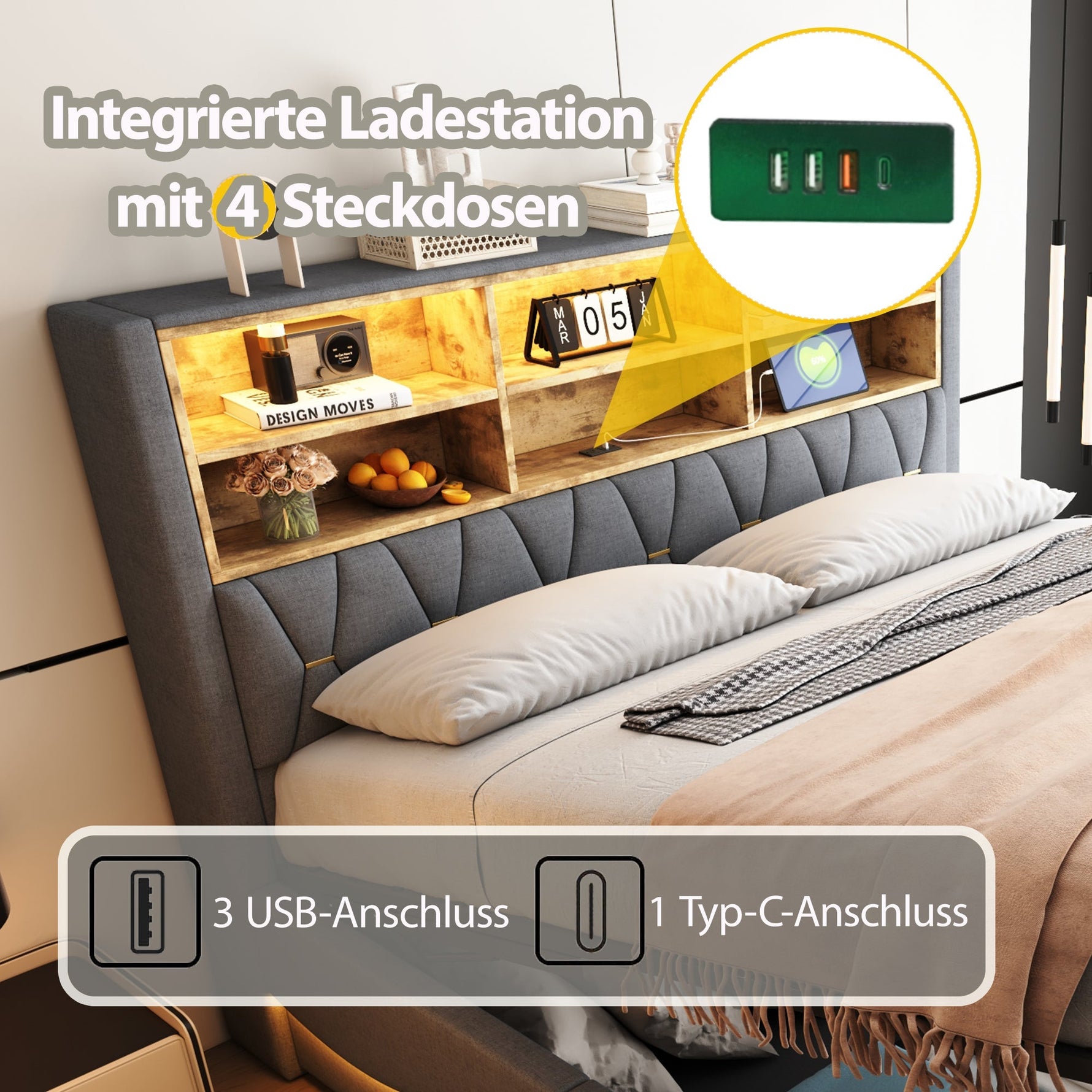 Upholstered Bed 180x200 Hydraulic Storage LED/USB Slatted Frame Linen Grey