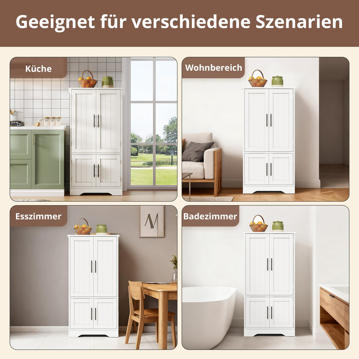 Kitchen Cabinet, LED Sensor Light, 4-Door Storage, Adjustable Shelves, White