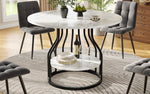 Round Dining Table 80x76cm 4-Seater Storage MDF Marble Top - Black