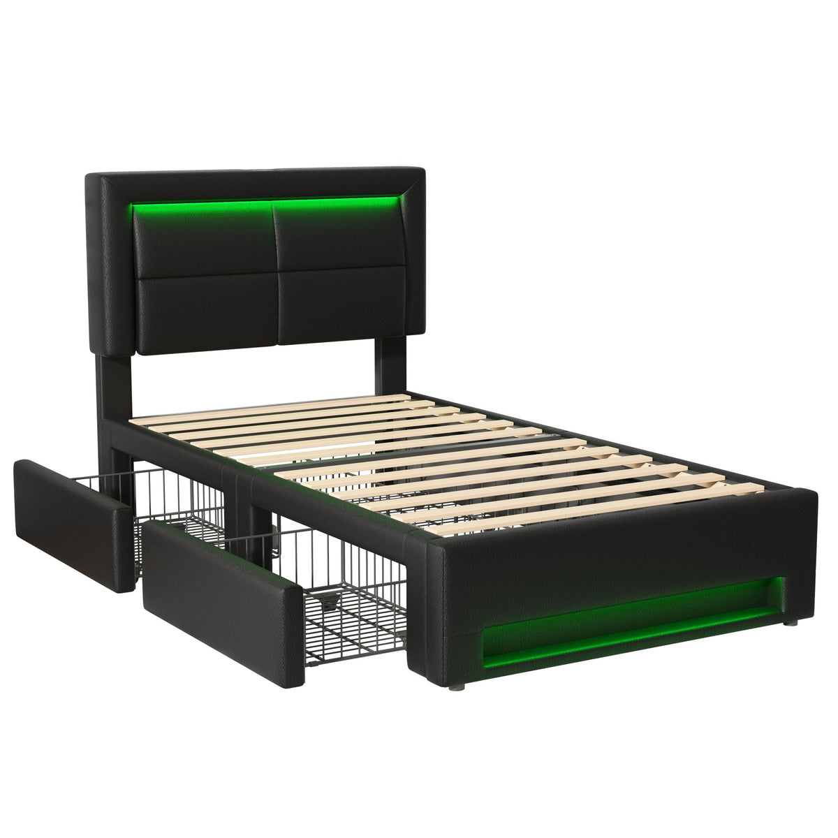Upholstered Bed 90x200cm LED USB Charging 4 Drawers - Black PU Lychee