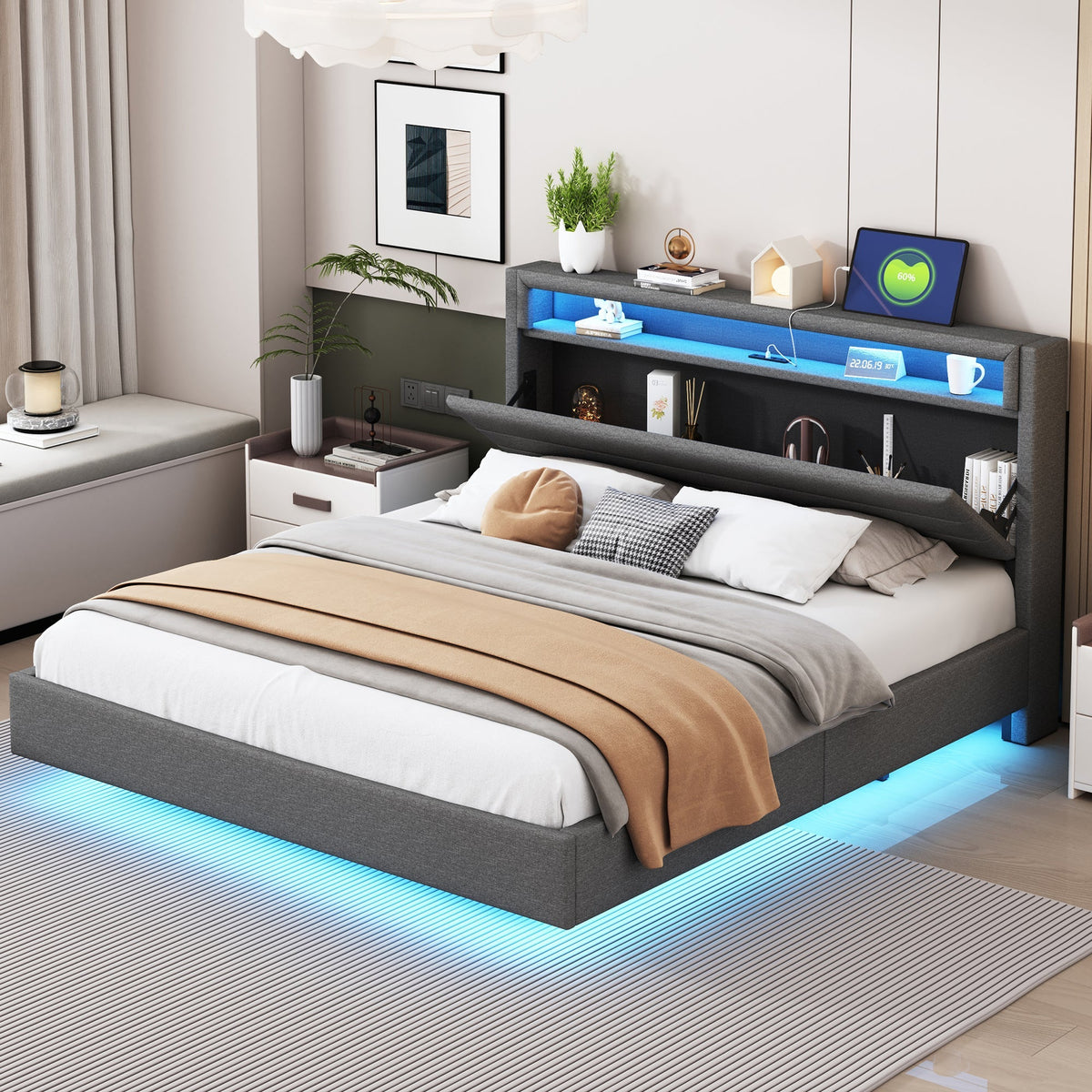 Upholstered Bed, 160x200 cm with USB & LED, Reversible Headboard, Grey Linen