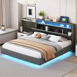 Upholstered Bed with USB Port, LED Lights, Storage Headboard (160x200cm) - Gray Linen