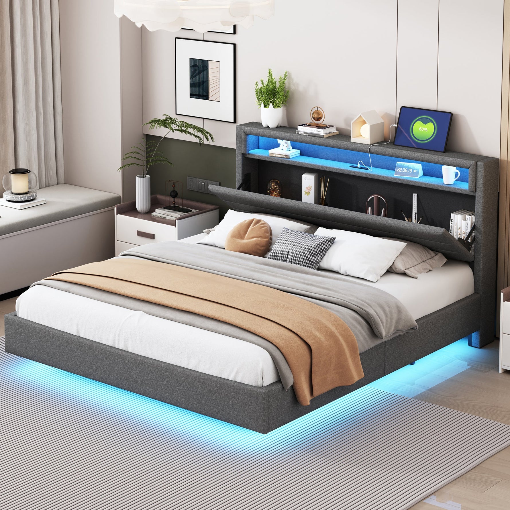 Upholstered Bed with USB Port, LED Lights, Storage Headboard (160x200cm) - Gray Linen