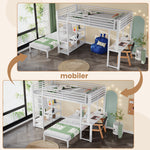Bunk Bed 90x200cm with Desk & Shelves, White Metal