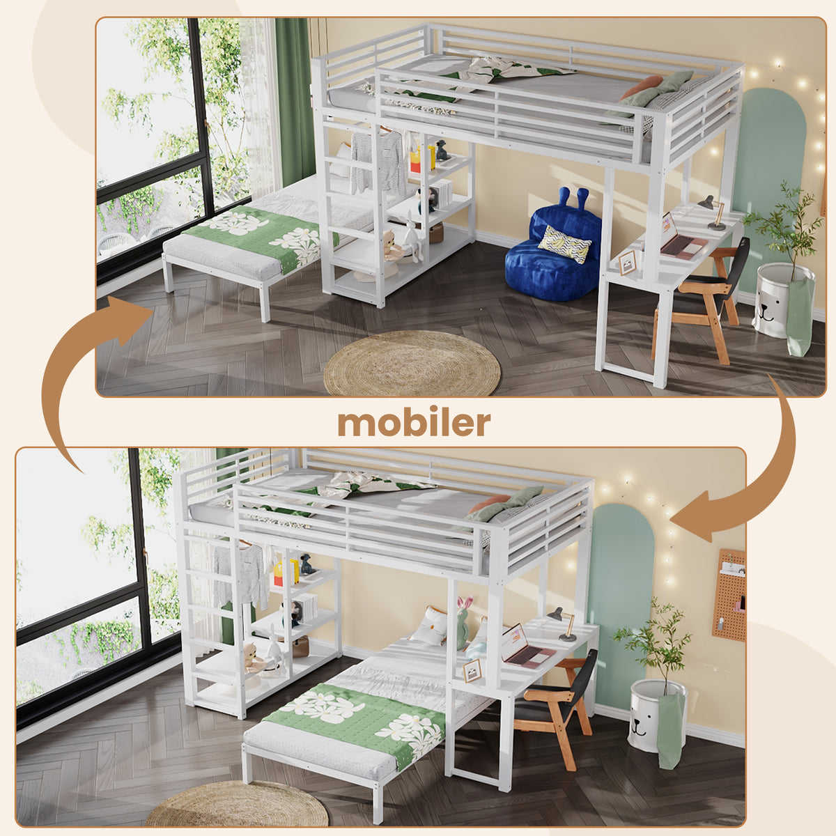 Bunk Bed 90x200cm with Desk & Shelves, White Metal