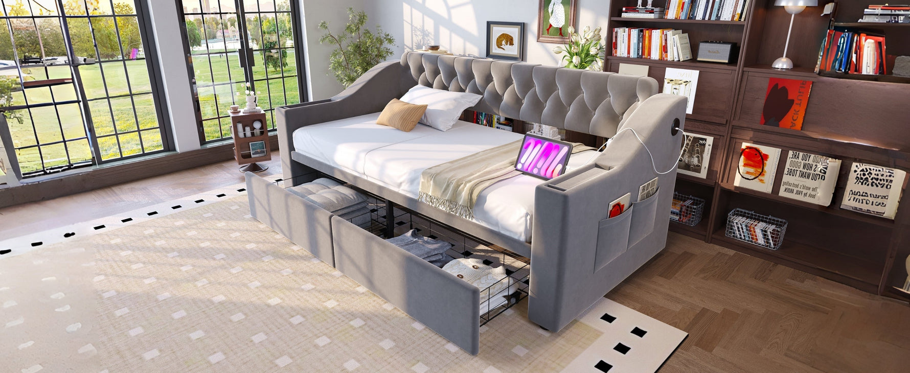 Upholstered Sofa Bed 90x190cm USB Charging Armrest Storage Drawer Light Grey Velvet