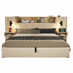 Upholstered Bed 180x200 with Storage, LED & USB, Beige Linen Fabric