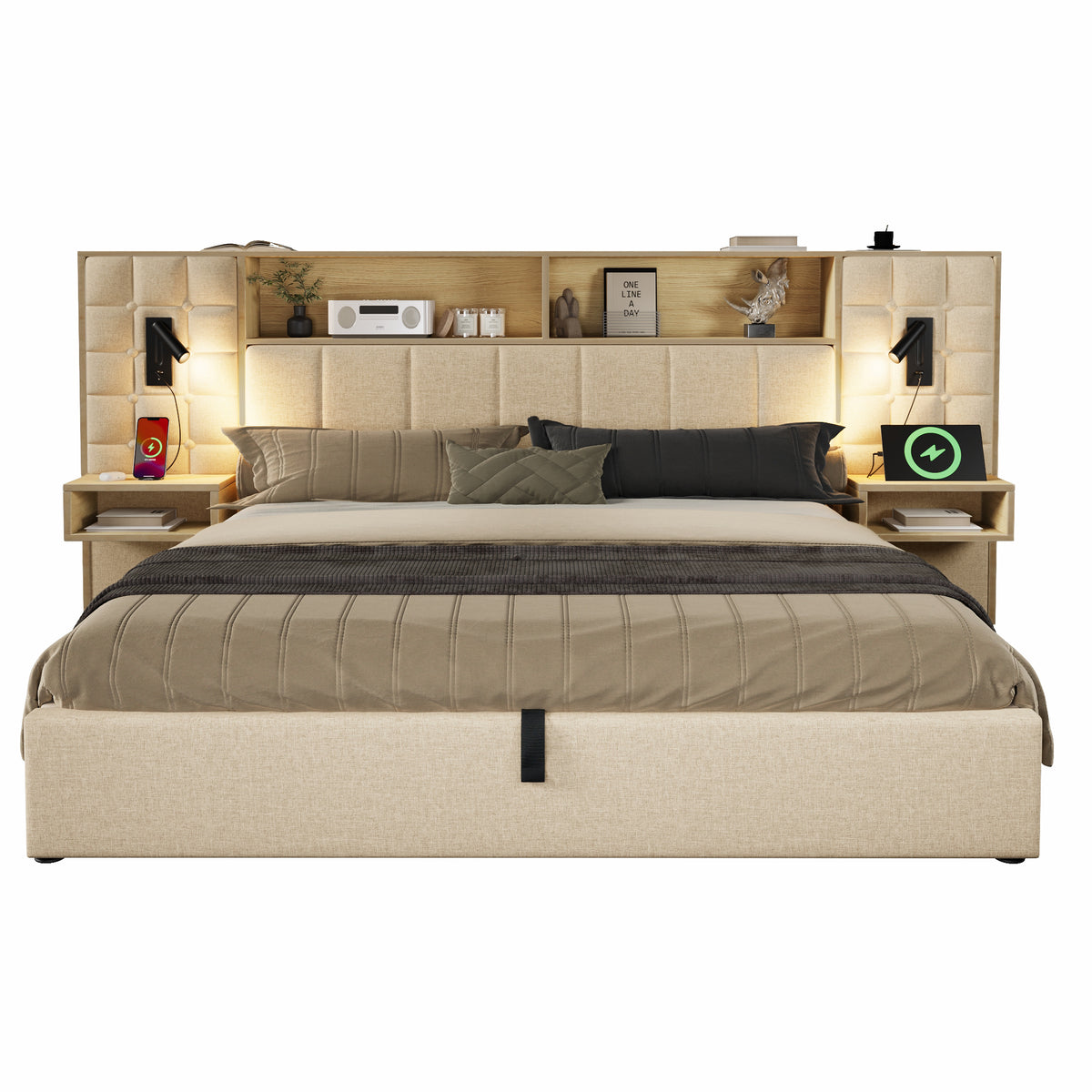 Upholstered Bed 180x200 with Storage, LED & USB, Beige Linen Fabric