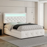 Upholstered Bed 140x200cm Pull-out Bed 2 Drawers Bedside Light Strip - White