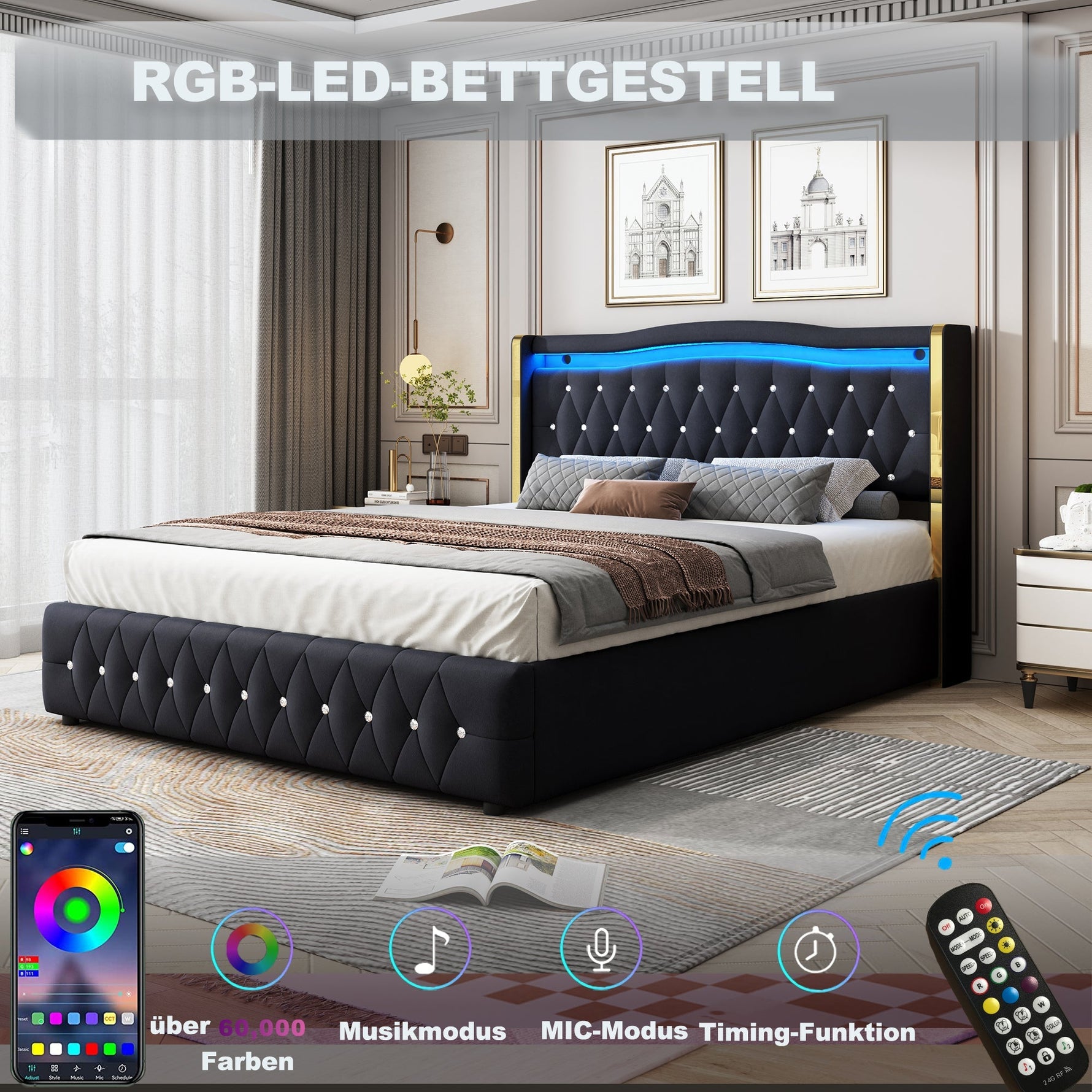 Upholstered Bed, 140x200cm LED Hydraulic Storage, Velvet Black