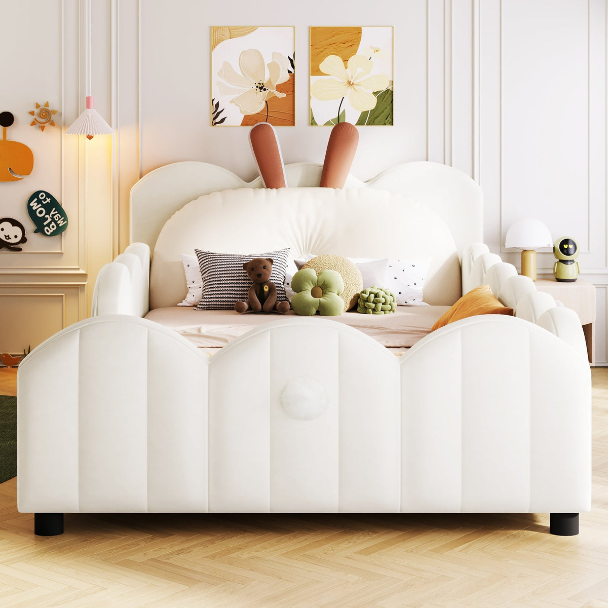 Upholstered Platform Bed with Rabbit-Shaped Cushions, 90x200cm, Beige
