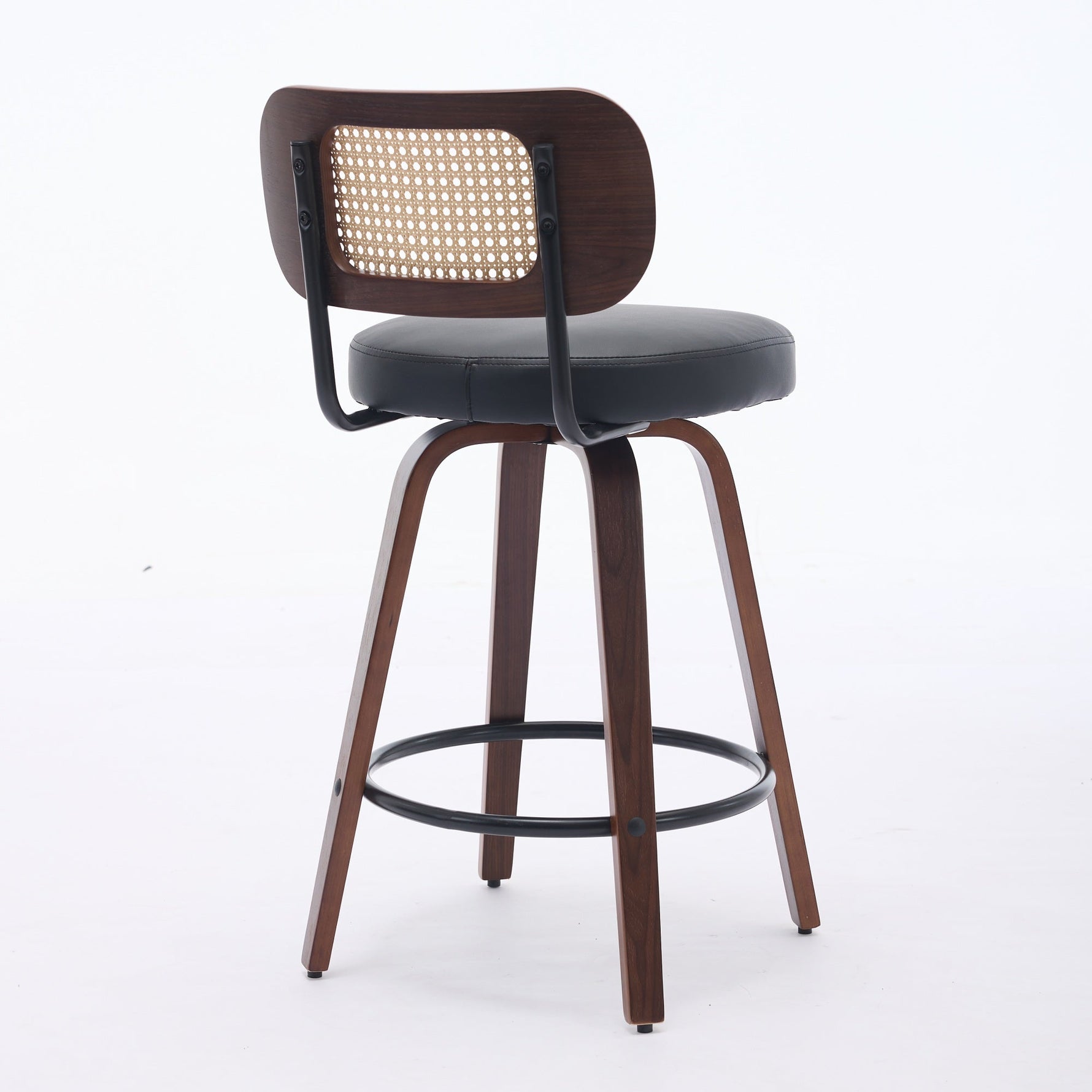 Set of 2 Counter Height Bar Stools with Swivel and Rattan Cane Back, Walnut Black