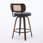 Set of 3 Counter Height Bar Stools Swivel Rattan Cane Back 26 inch Upholstered Seat Walnut Black