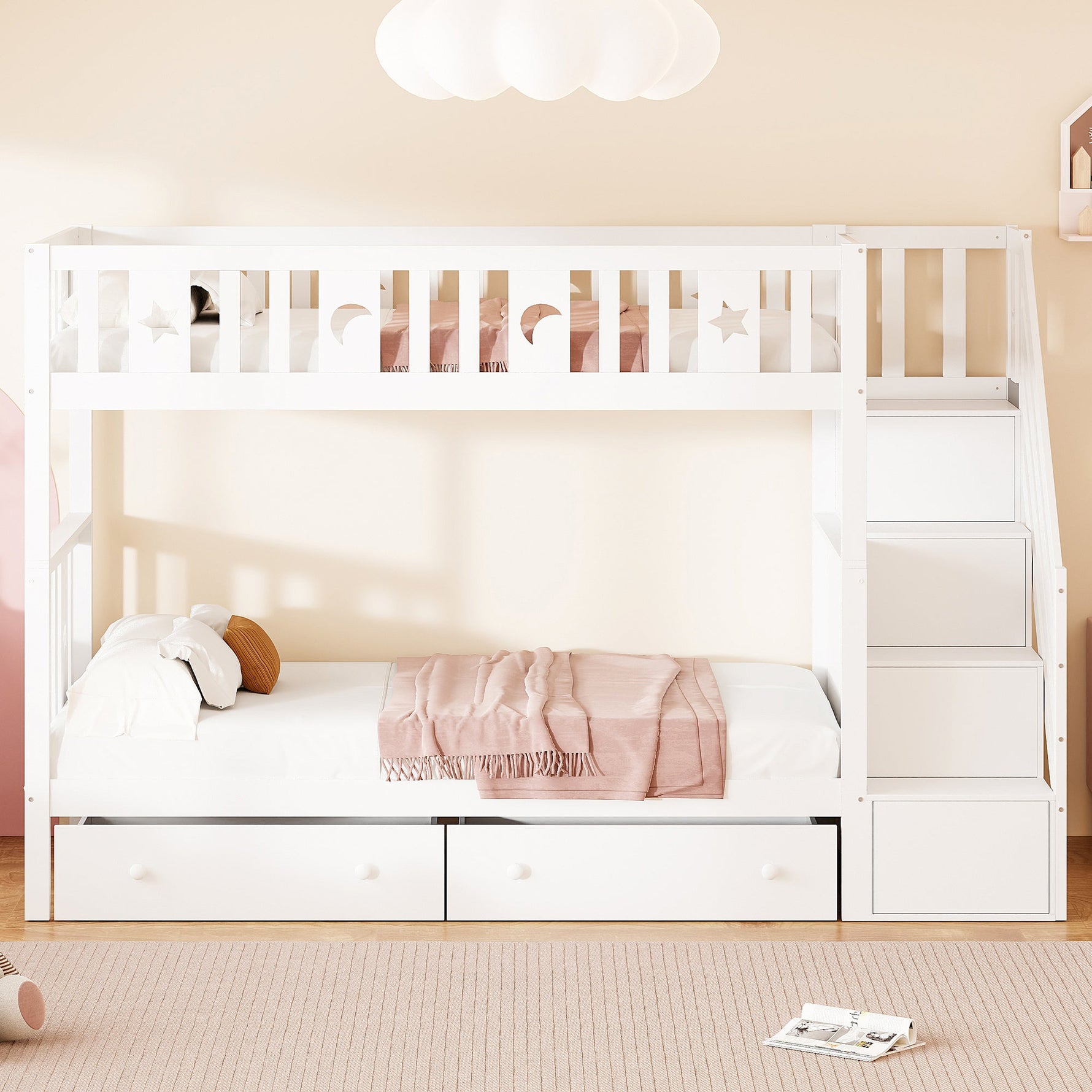 Children's Bunk Bed with Safety Stairs, Storage Drawers, Slatted Base, White Solid Wood