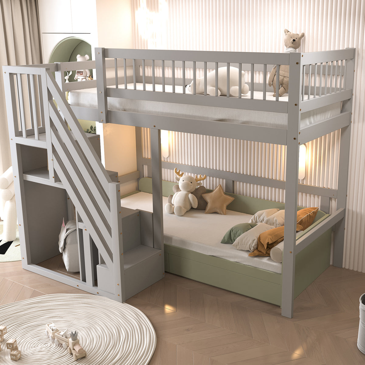 Solid Wood Children's Bed 90x200 with Storage Cabinet, Grey