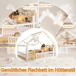 Children's Flatbed with House Rail and LED Beads, 140 x 190 cm, Pine Wood, White