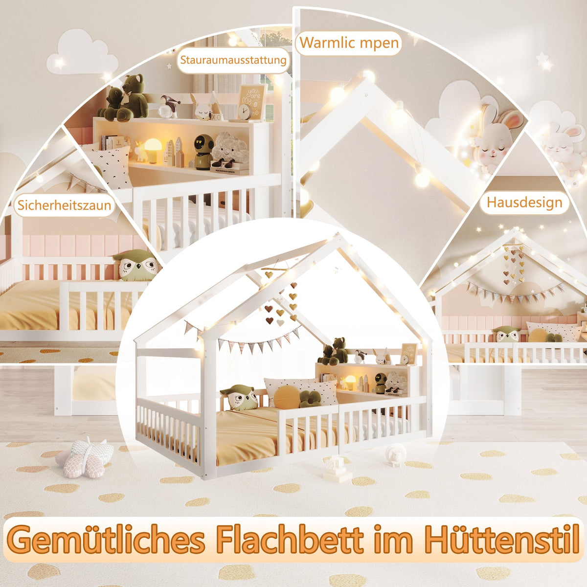 Children's Flatbed with House Rail and LED Beads, 140 x 190 cm, Pine Wood, White