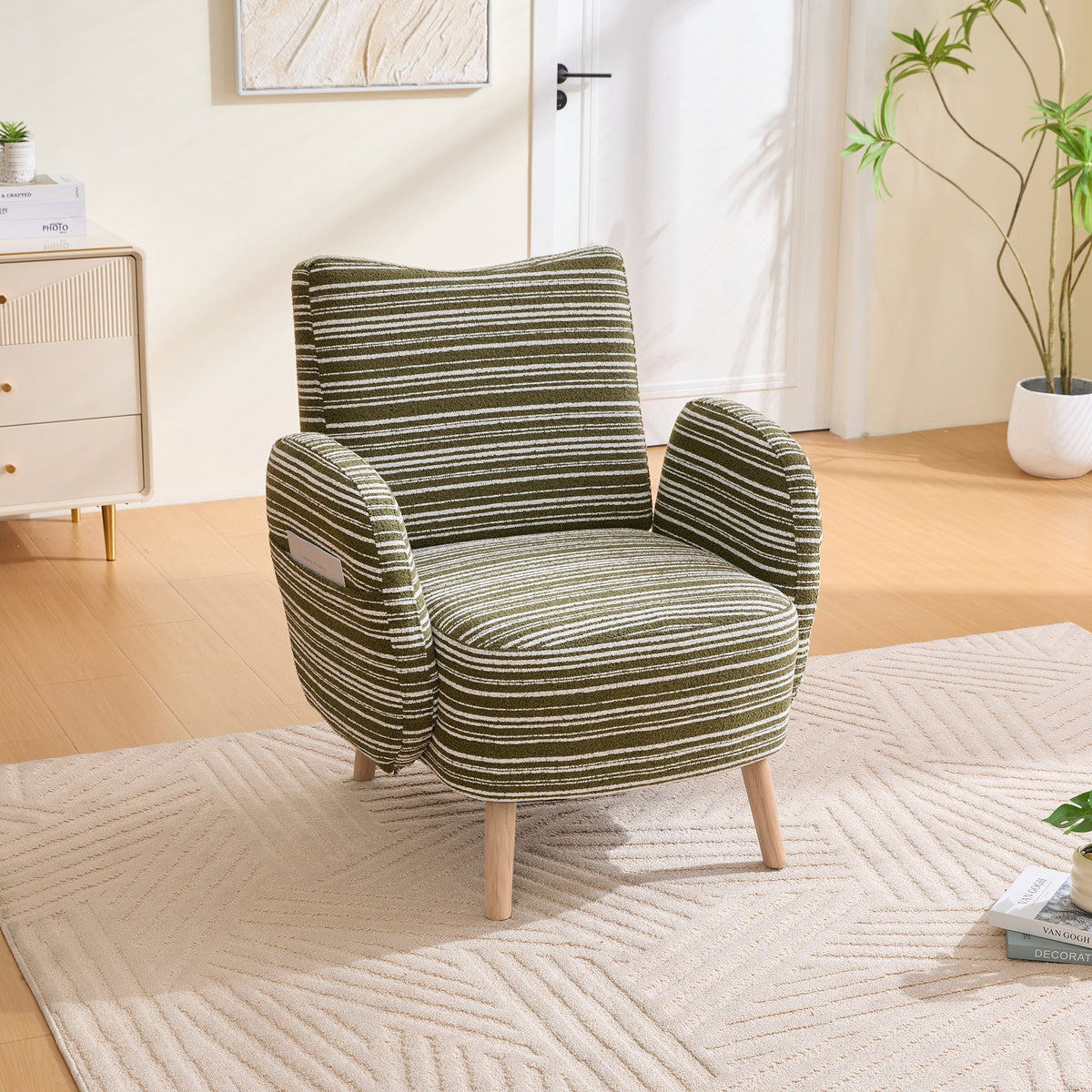 Modern Armchair with Side Pocket and Solid Wood Legs, Circular Pattern Fabric
